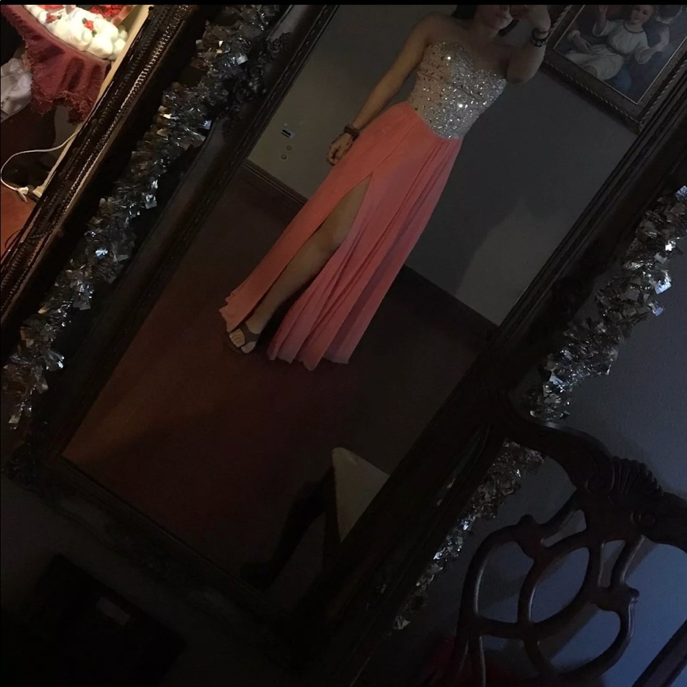 Coral Rhinestone Corset Prom Dress